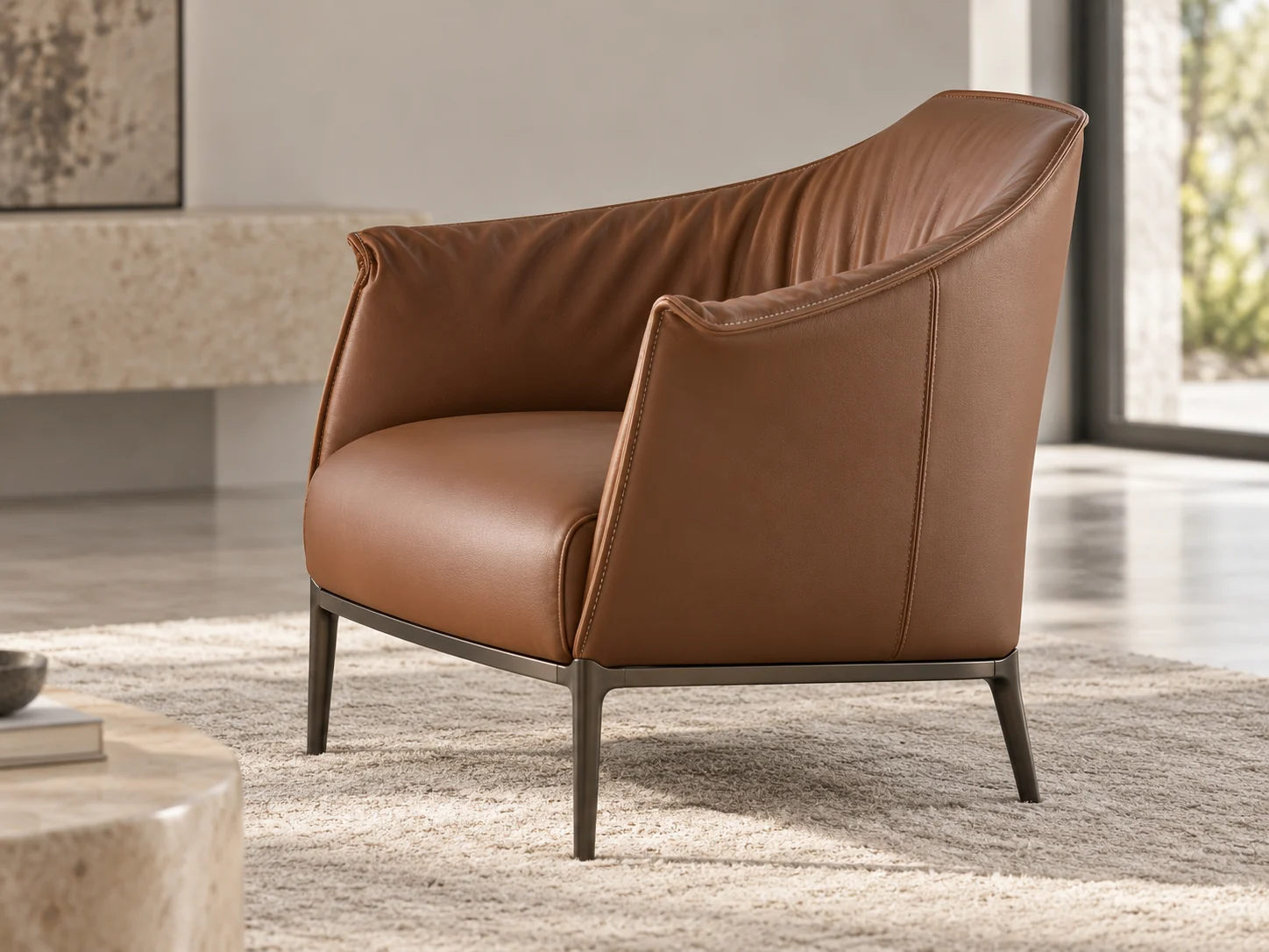 Archibald armchair, side three-quarter view in a stone-clad interior