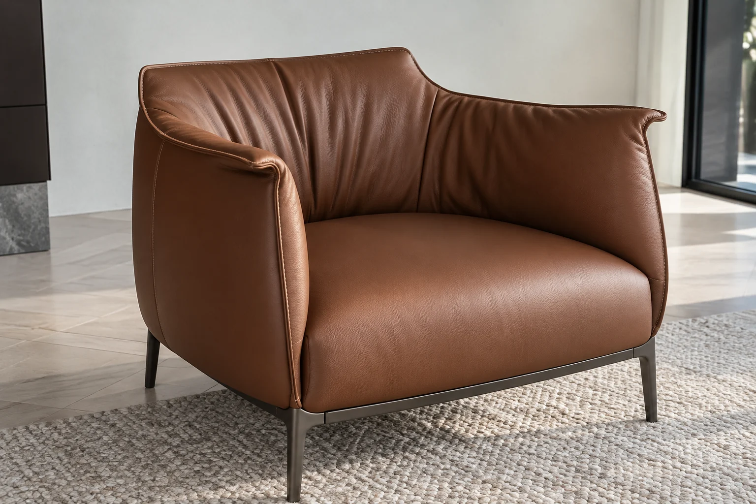 Archibald armchair in cognac-brown leather in a bright room