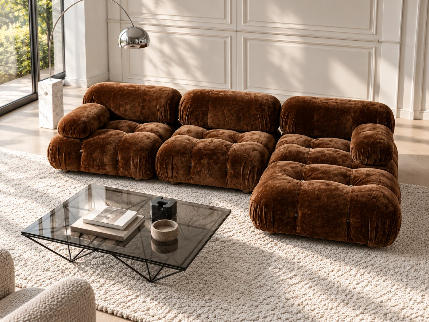 Camaleonda sofa seen from above, showing three seat modules and the pouf