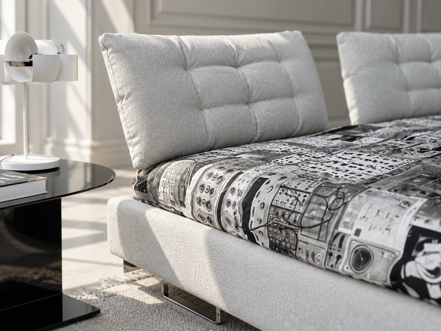 Detail of Limes Large’s tufted head cushion, upholstered base and patterned cover