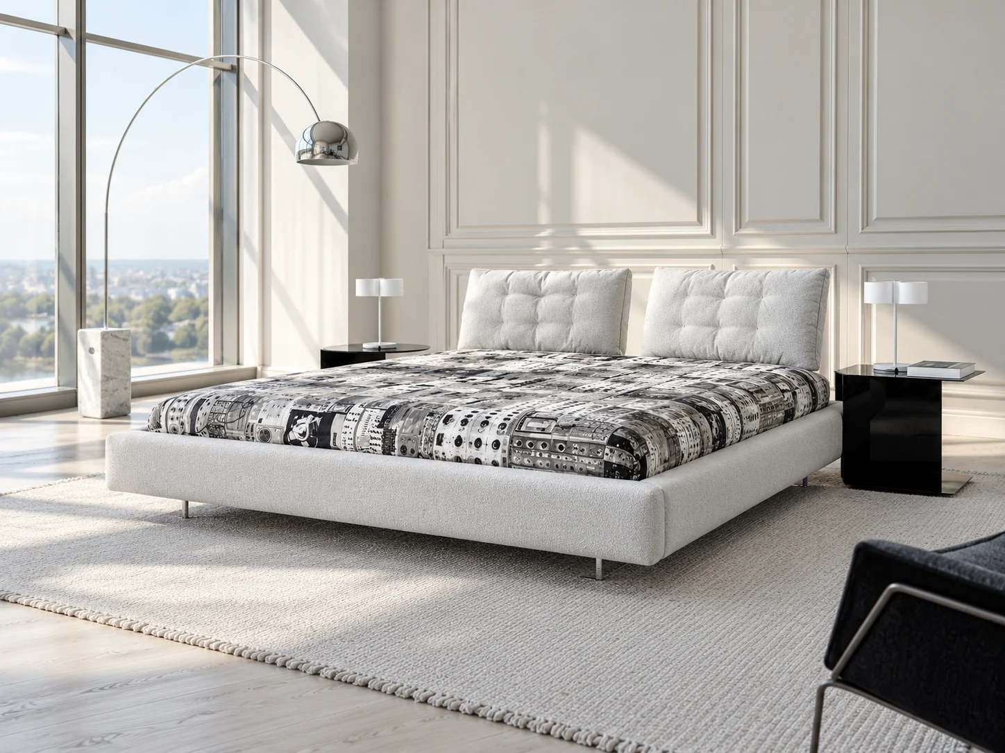 Limes Large bed in a bright bedroom with city view and black side tables