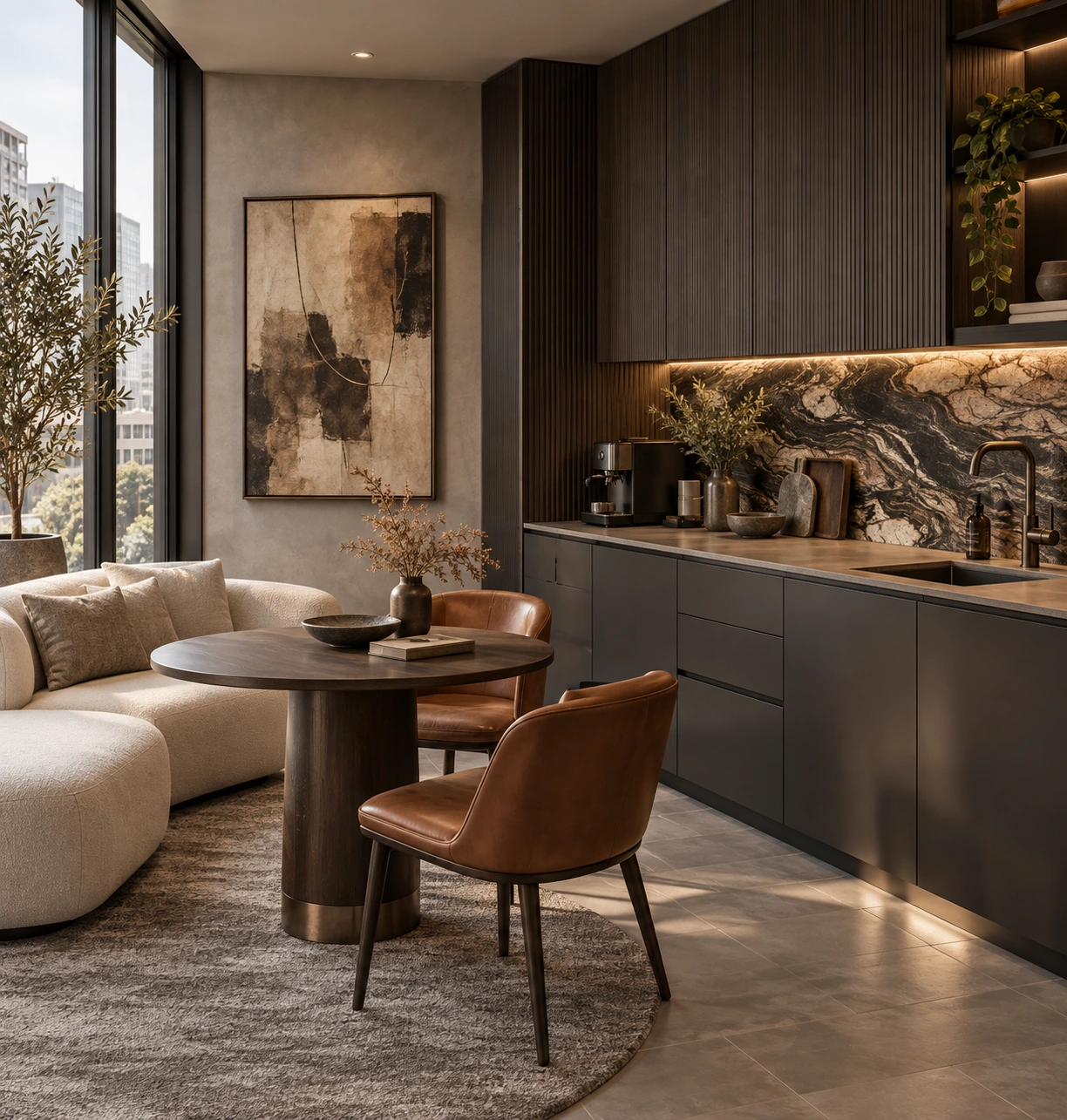 Atelier SōL — studio lounge and kitchenette with a veined stone splashback, round table and tan leather chairs