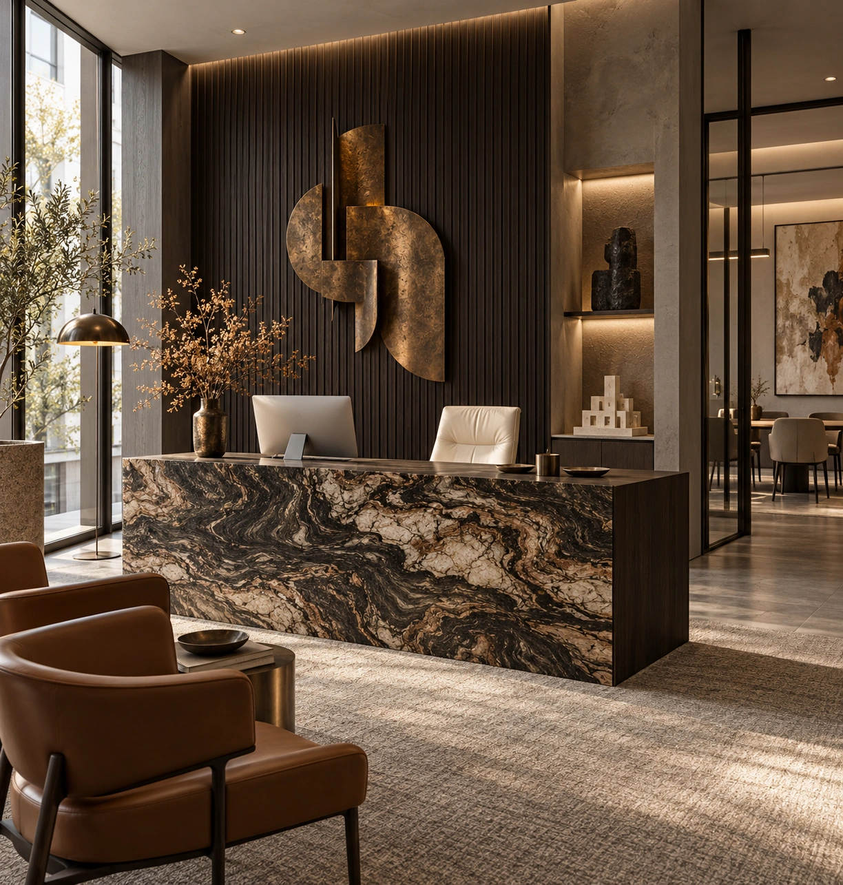 Reception desk in dark veined stone against a ribbed timber wall with a brass sculpture