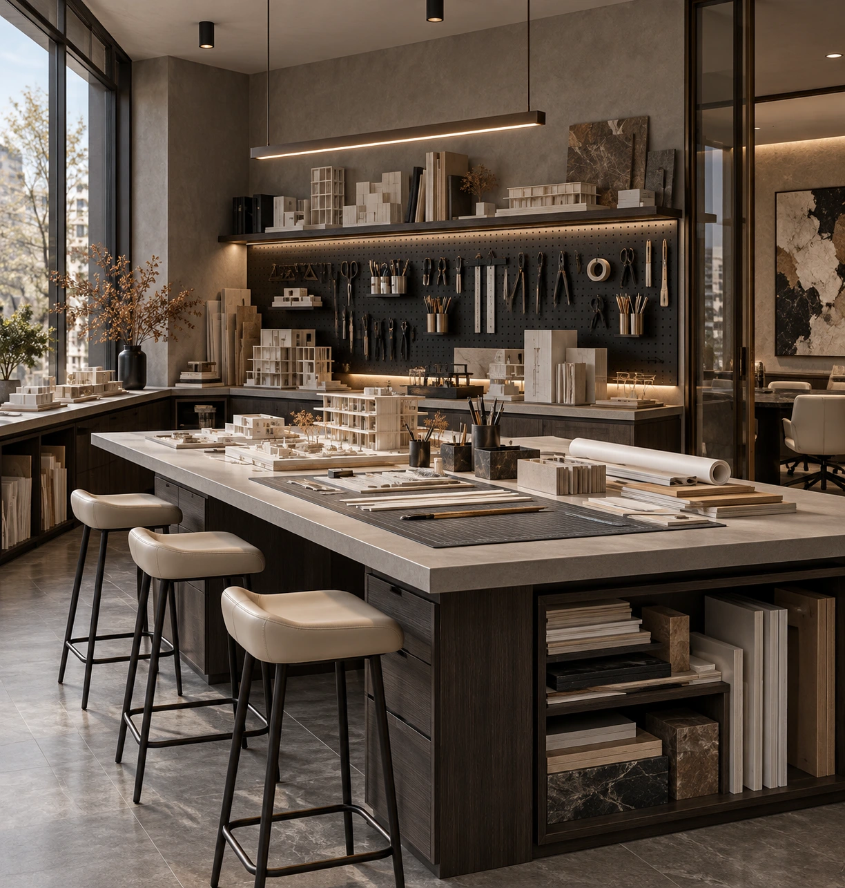 Material library and model-making table in the Atelier SōL studio
