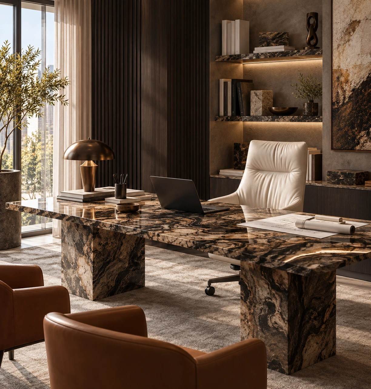Atelier SōL — private office with a stone desk and a cream leather chair