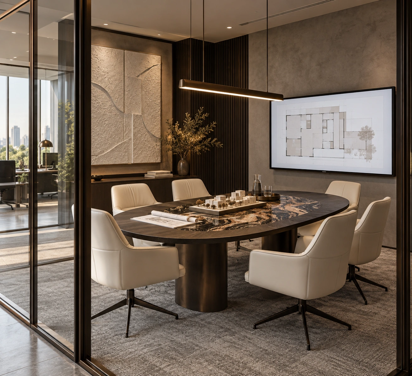 Atelier SōL — meeting room with an oval table, cream chairs and a plan displayed on a screen