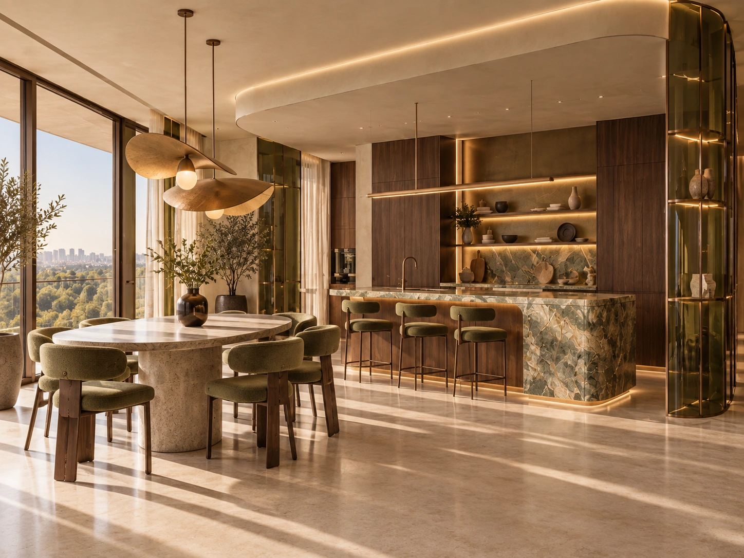 Bronze & Olive — dining area and kitchen island in green stone, framed by floor-to-ceiling windows