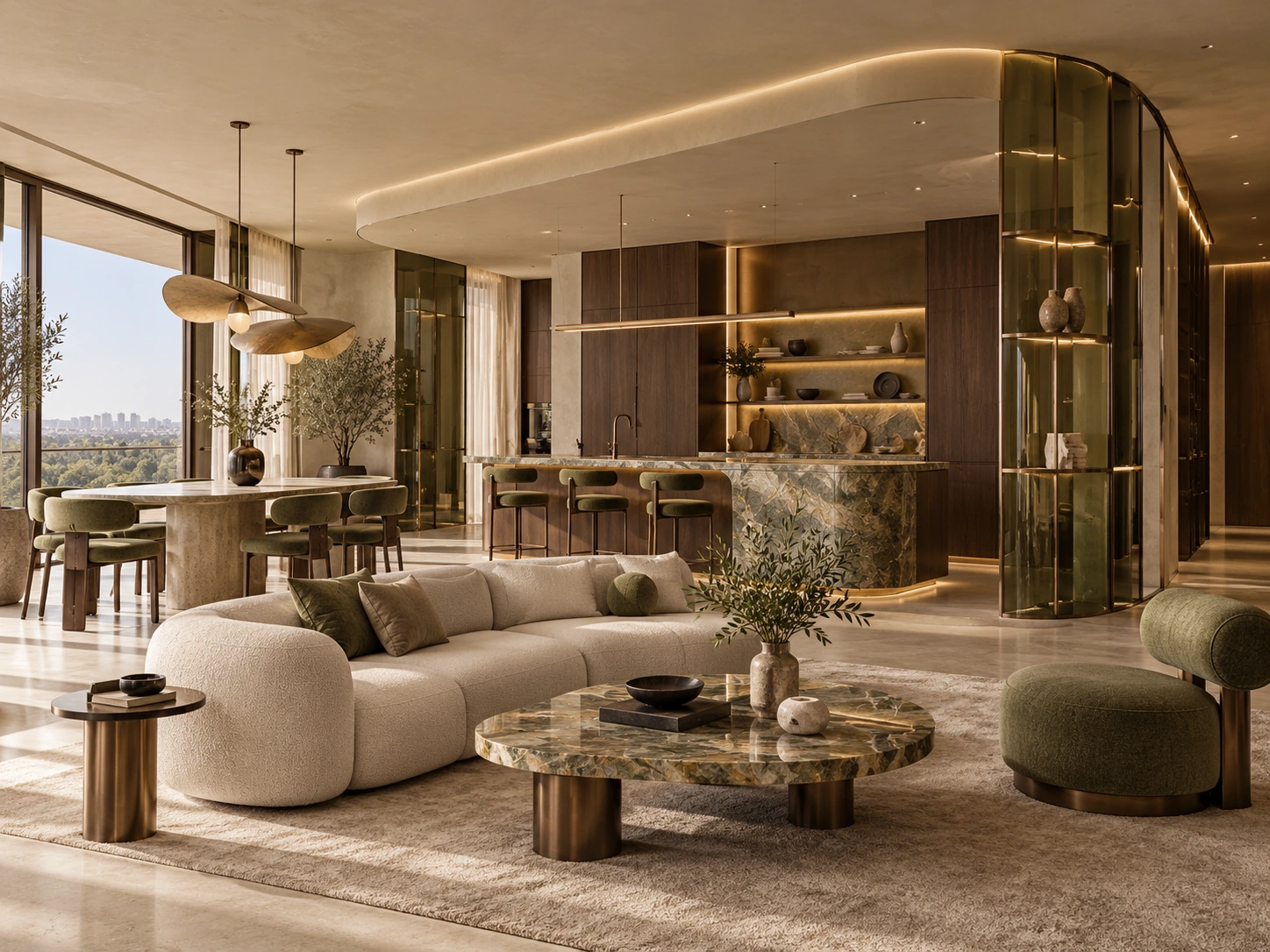 Bronze & Olive — living room with a curved cream sofa, stone coffee table and olive-green pouf