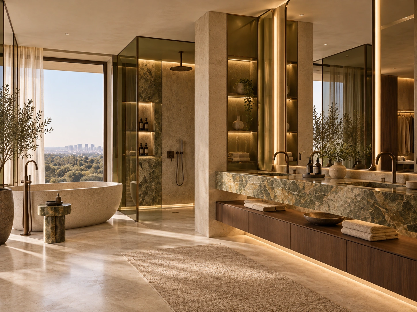 Bathroom in warm stone and walnut with a lit vanity shelf and shower