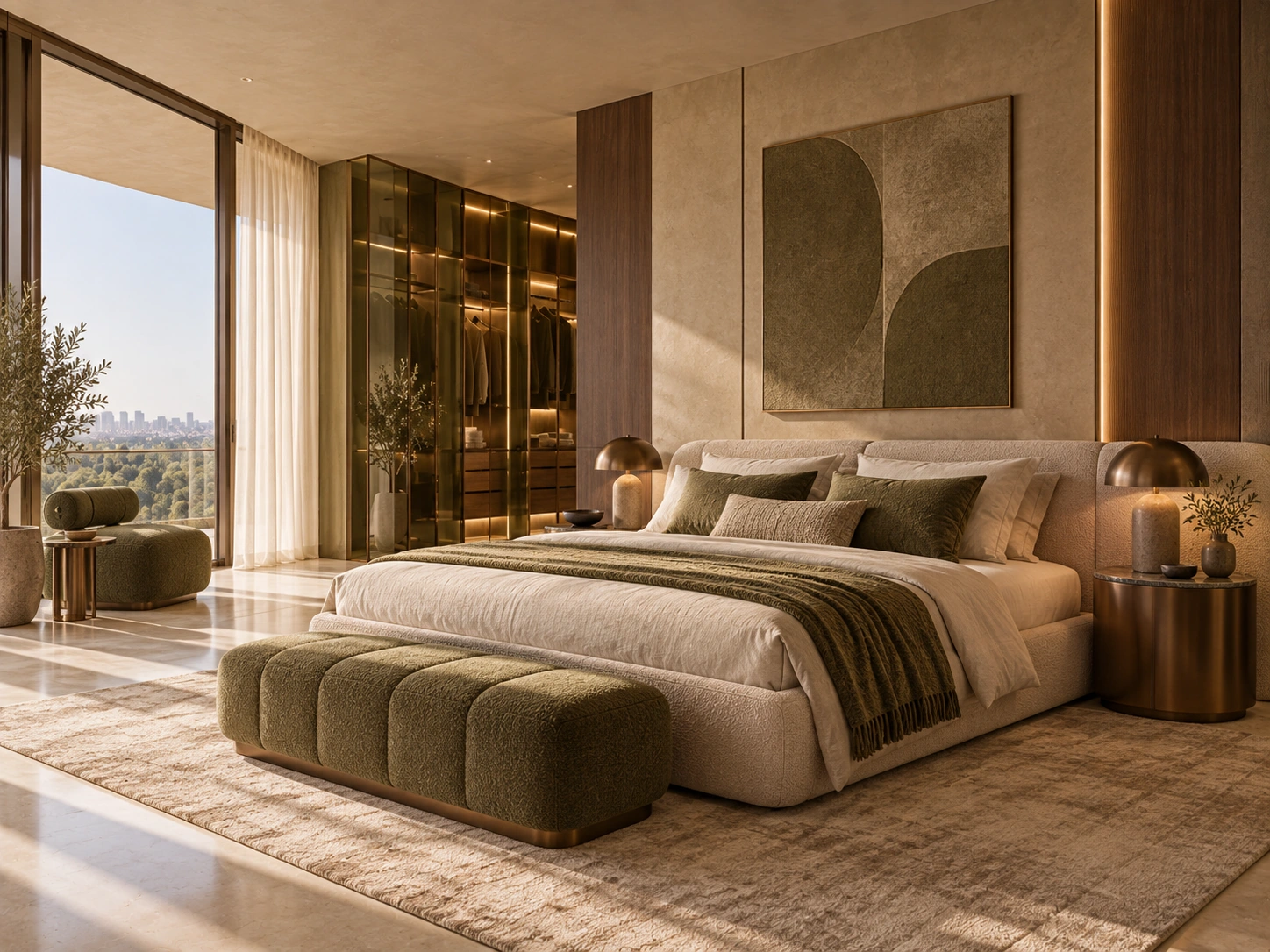 Bronze & Olive — bedroom with an upholstered bed, olive-green bench and a large abstract artwork
