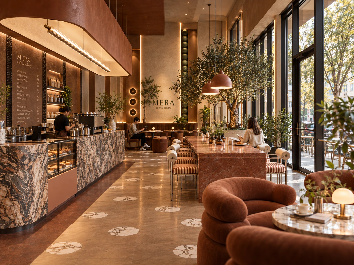 MERA Café & Bakery — counter and long communal table seen from the entrance, with soft terracotta seating at right