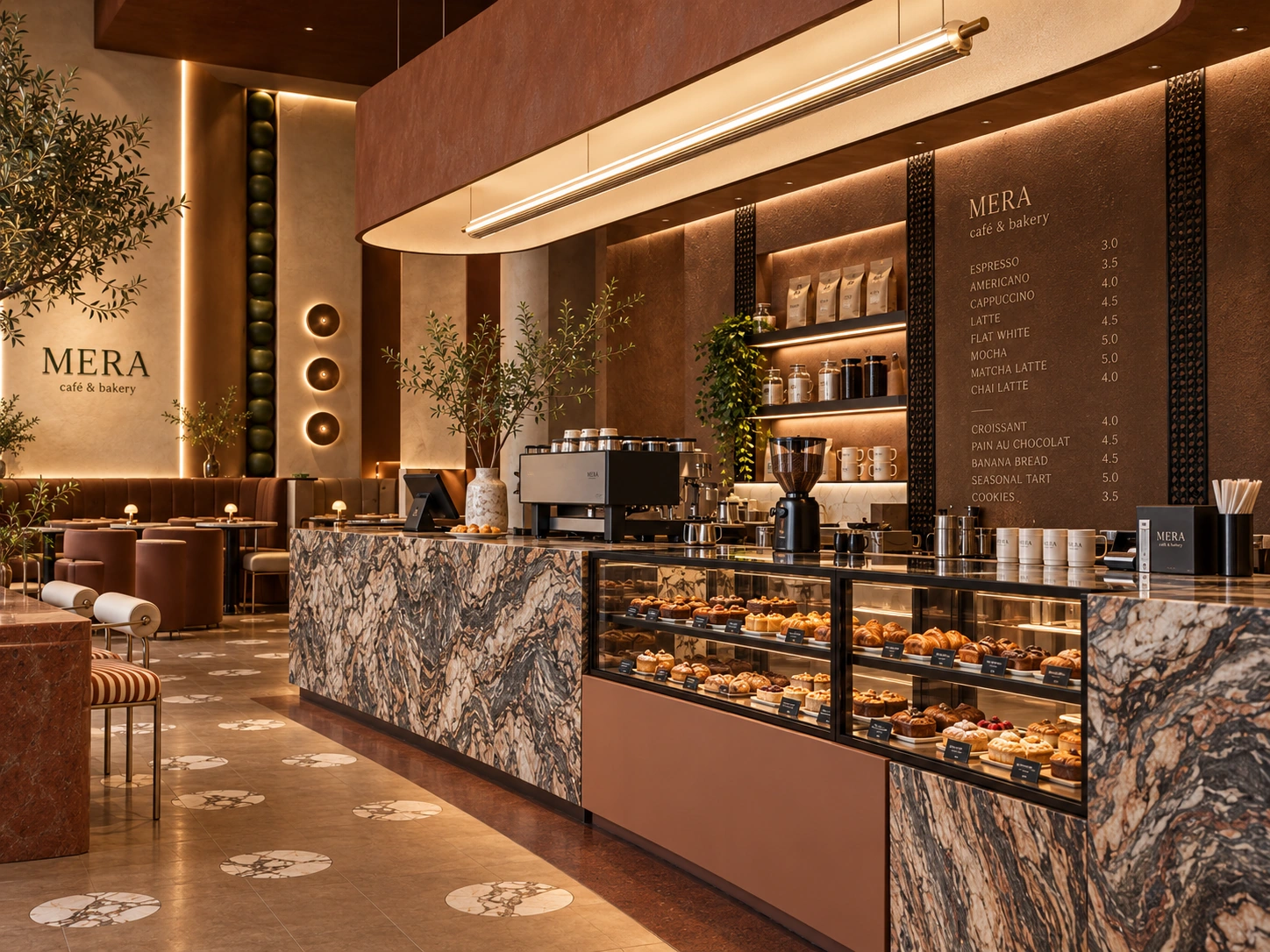 MERA Café & Bakery — frontal view of the marble counter and pastry display beneath a curved illuminated ceiling