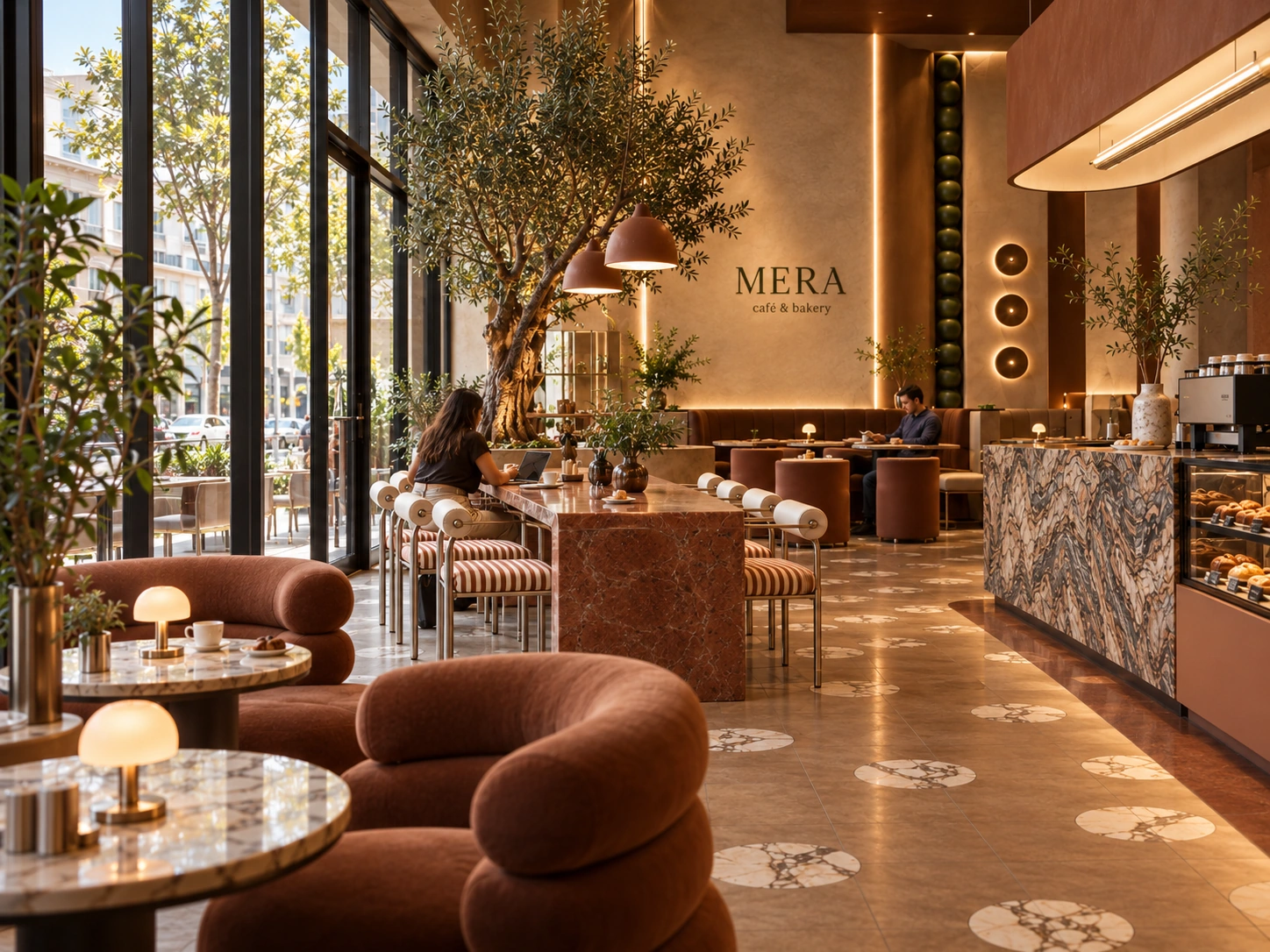 MERA Café & Bakery — olive tree, communal table and terracotta armchairs beside the glazed façade