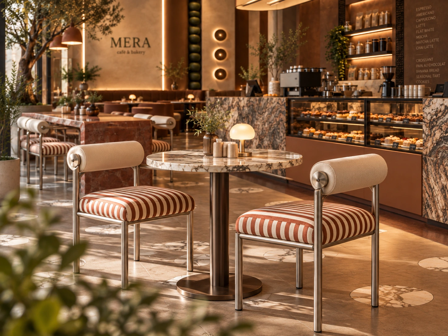 MERA Café & Bakery — striped chairs at a marble bistro table, with the counter in the background