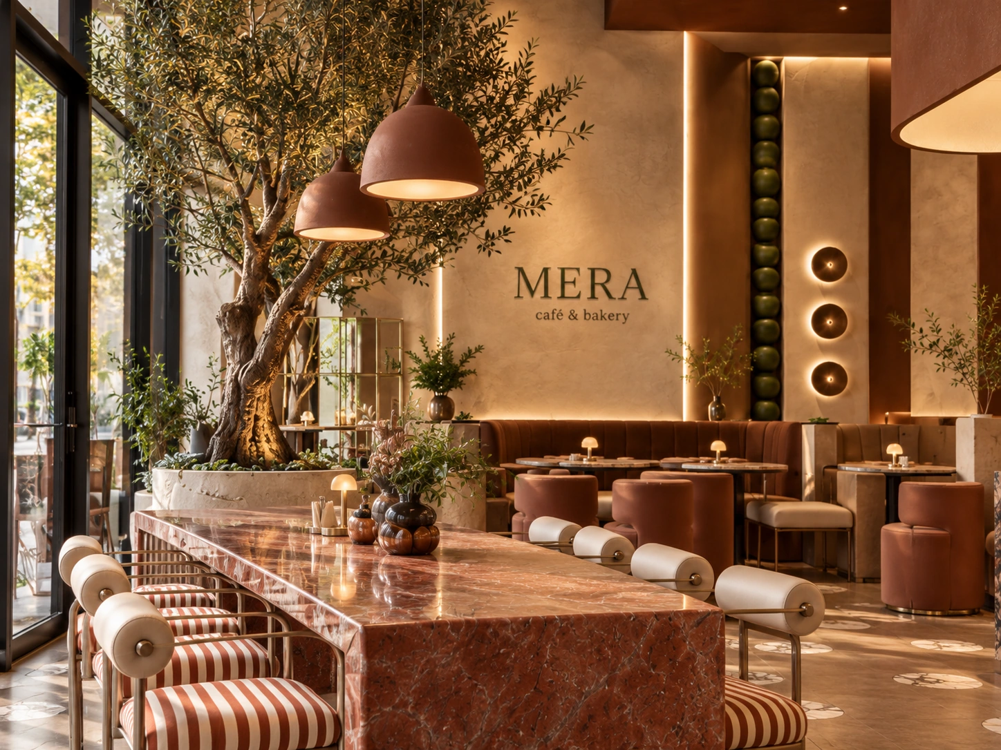 MERA Café & Bakery — terracotta stone communal table and olive tree in front of the MERA signage wall