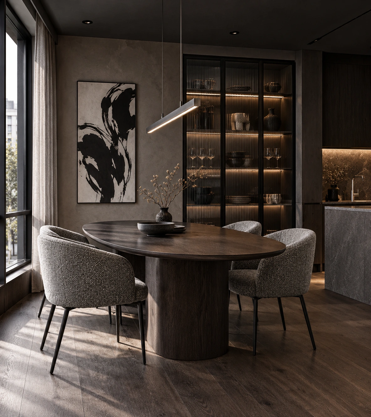 Nocturne — dining area with a dark oval table, bouclé chairs and a glass-fronted display cabinet