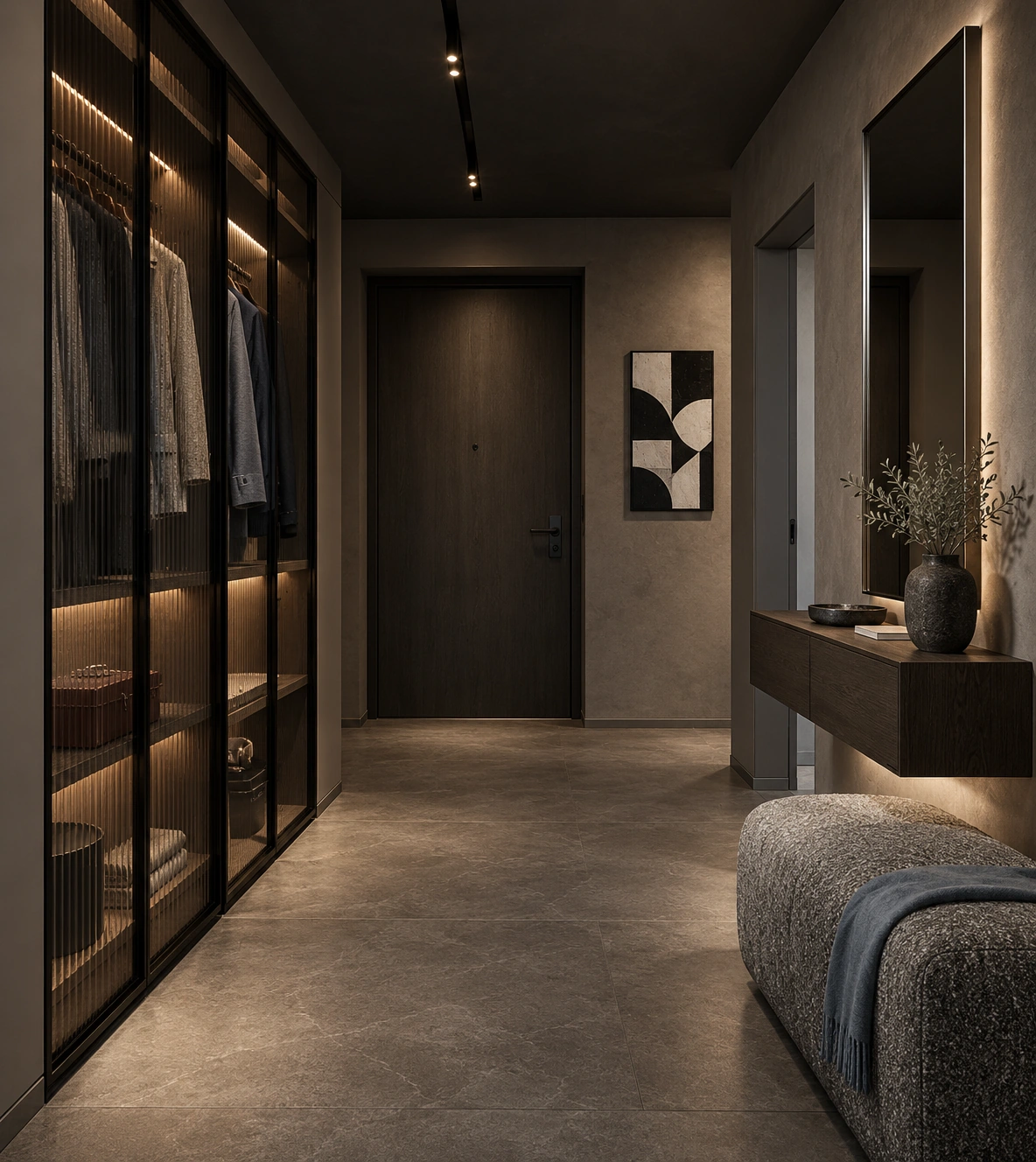 Nocturne — entrance hall with ribbed-glass wardrobes, a bench and a wall-mounted console