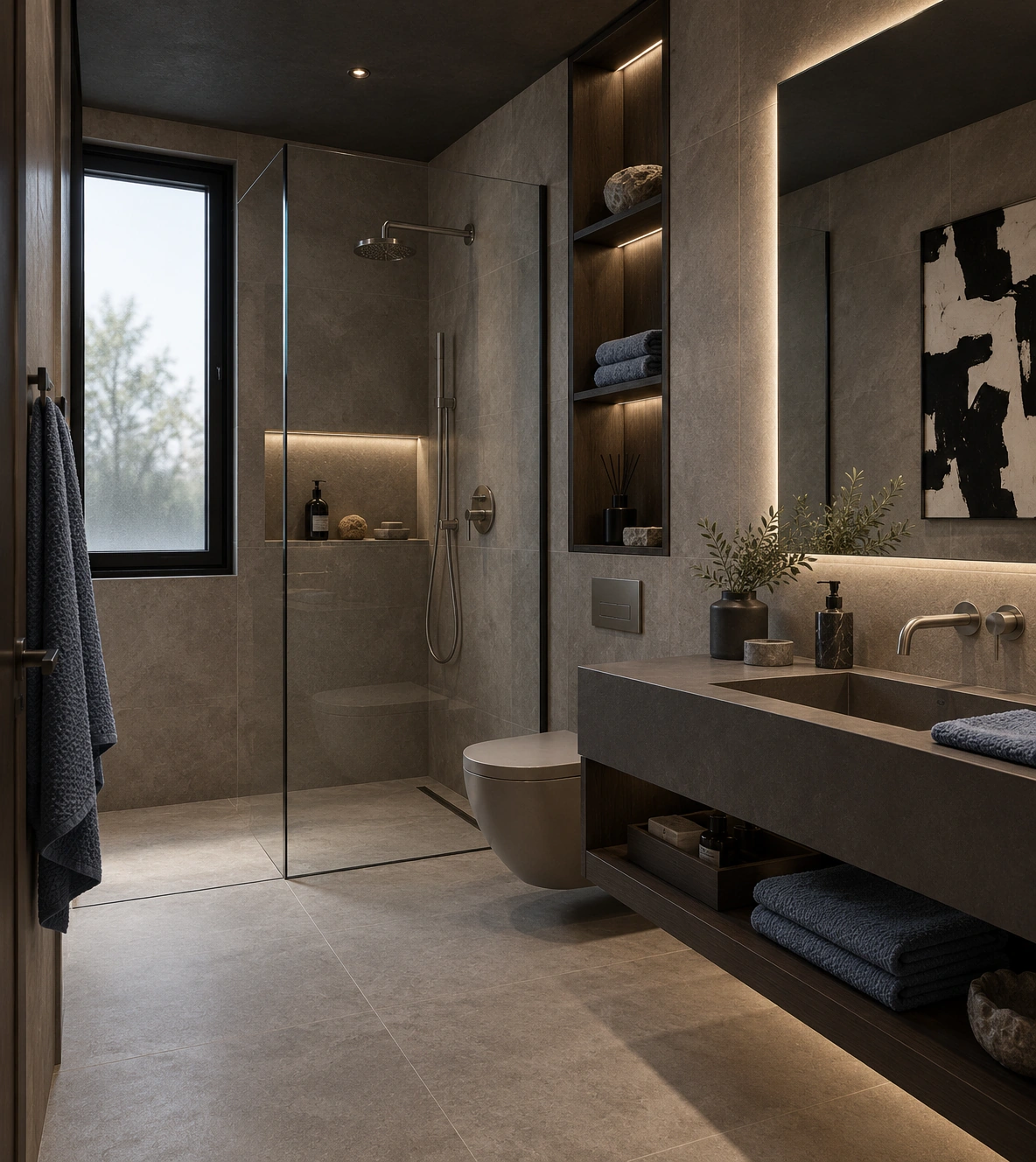 Nocturne — bathroom in grey stone with a walk-in shower and a floating basin shelf