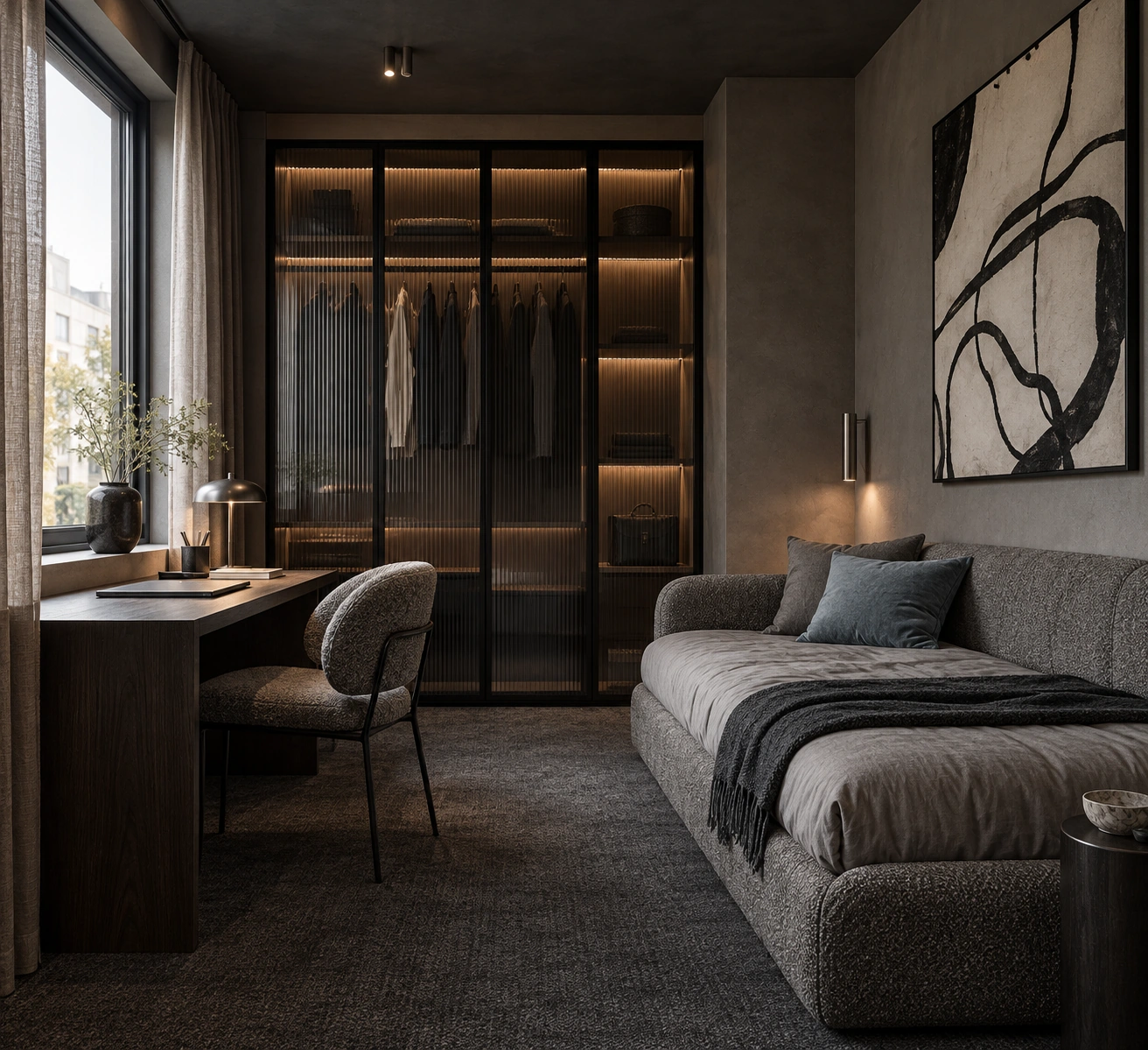 Nocturne — bedroom with a desk, daybed and glazed wardrobe