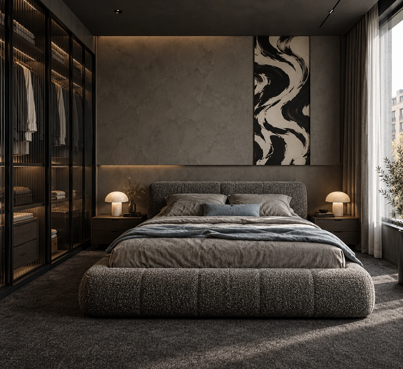 Nocturne — bedroom with a bouclé bed, bedside lamps and a vertical abstract artwork