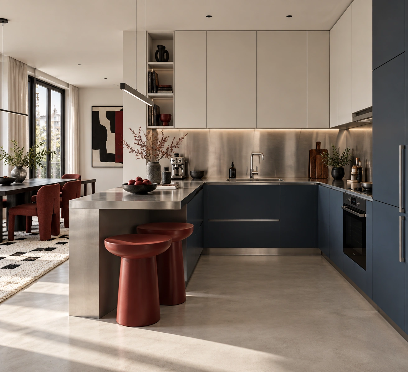Rouge / Bleu — kitchen with navy cabinetry, a brushed-metal worktop and red stools