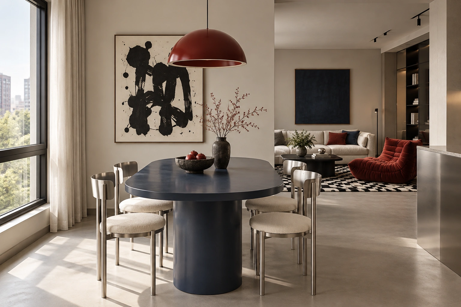 Rouge / Bleu — dining area with a navy oval table, red pendant light and abstract artwork