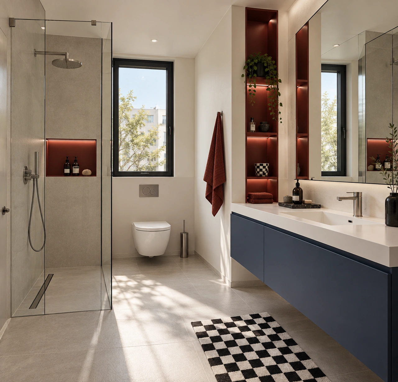 Rouge / Bleu — bathroom with a glass shower, red niches and a navy vanity