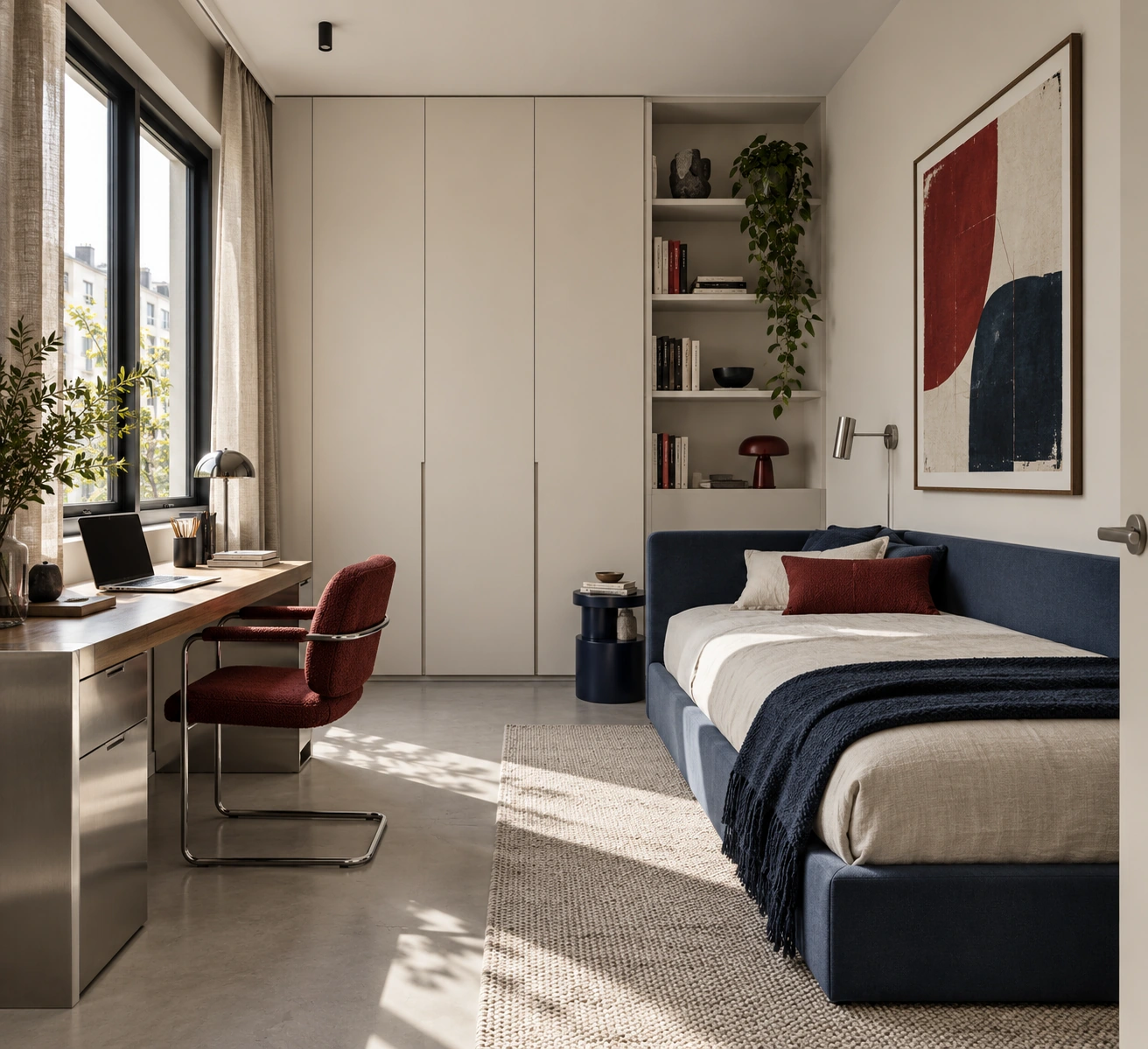 Rouge / Bleu — work corner with a metal desk, red chair and a navy daybed