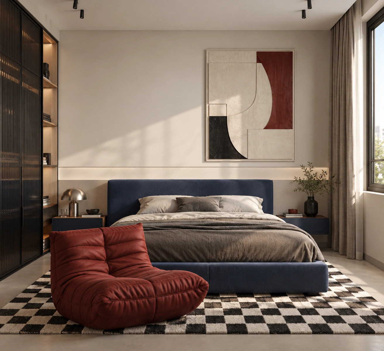 Rouge / Bleu — bedroom with a navy bed, red lounge chair and chequerboard rug