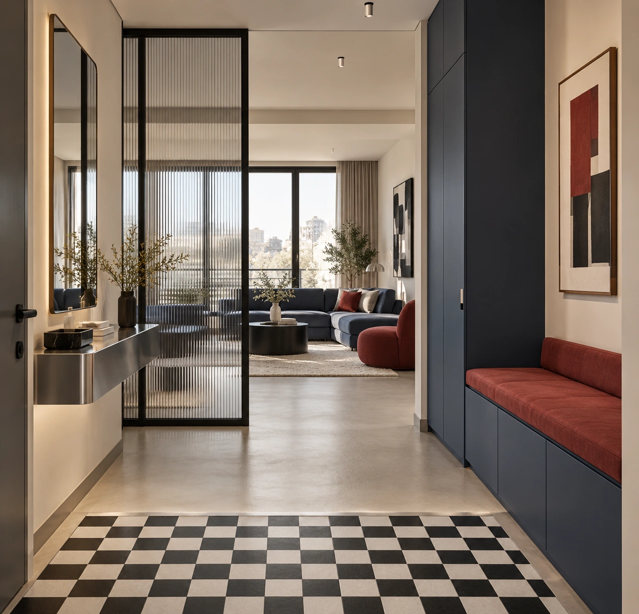 Rouge / Bleu — entrance with a ribbed-glass partition, navy joinery and a red bench opening onto the living room
