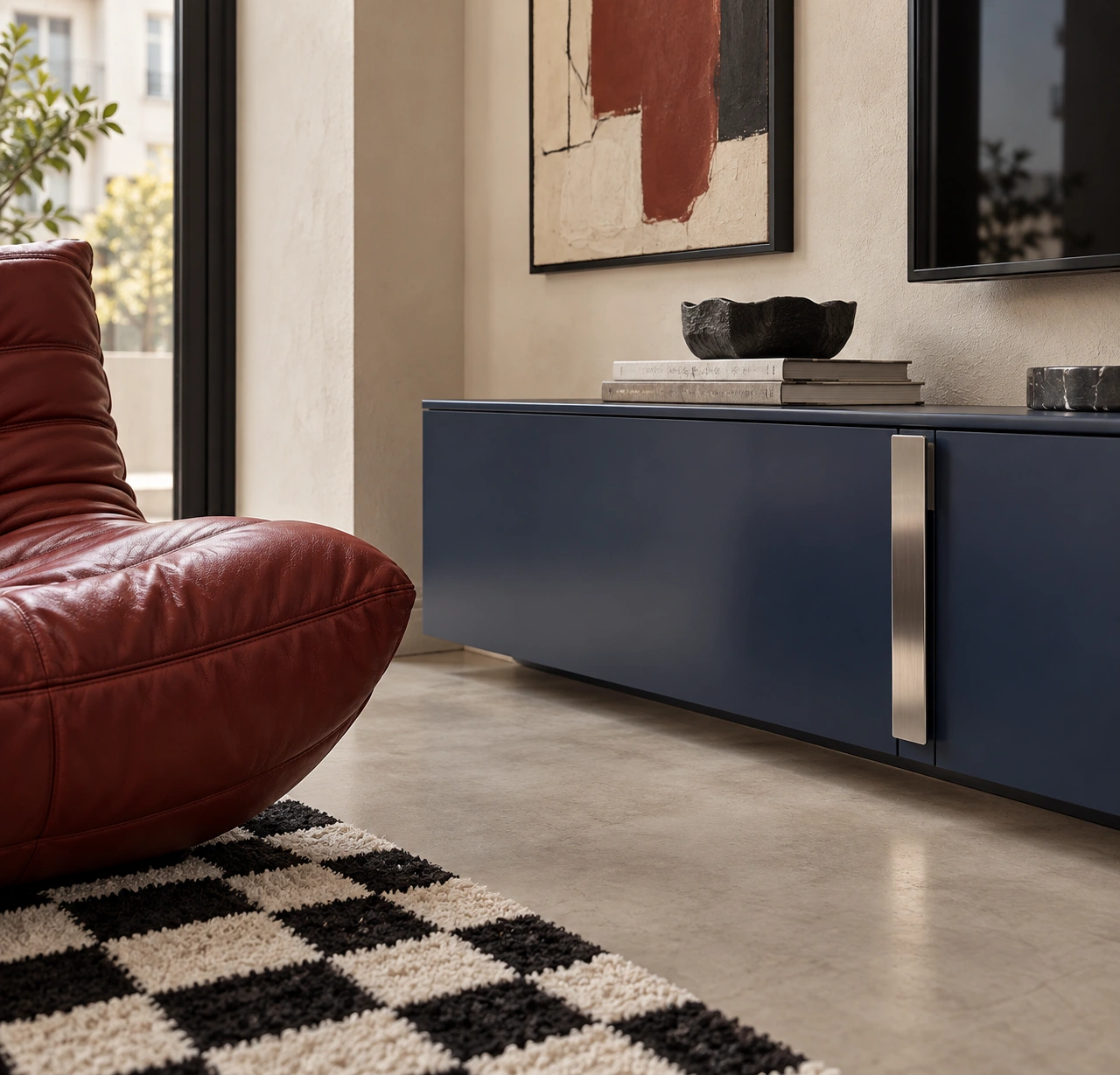 Rouge / Bleu — red lounge chair, navy sideboard and chequerboard rug beneath an abstract artwork