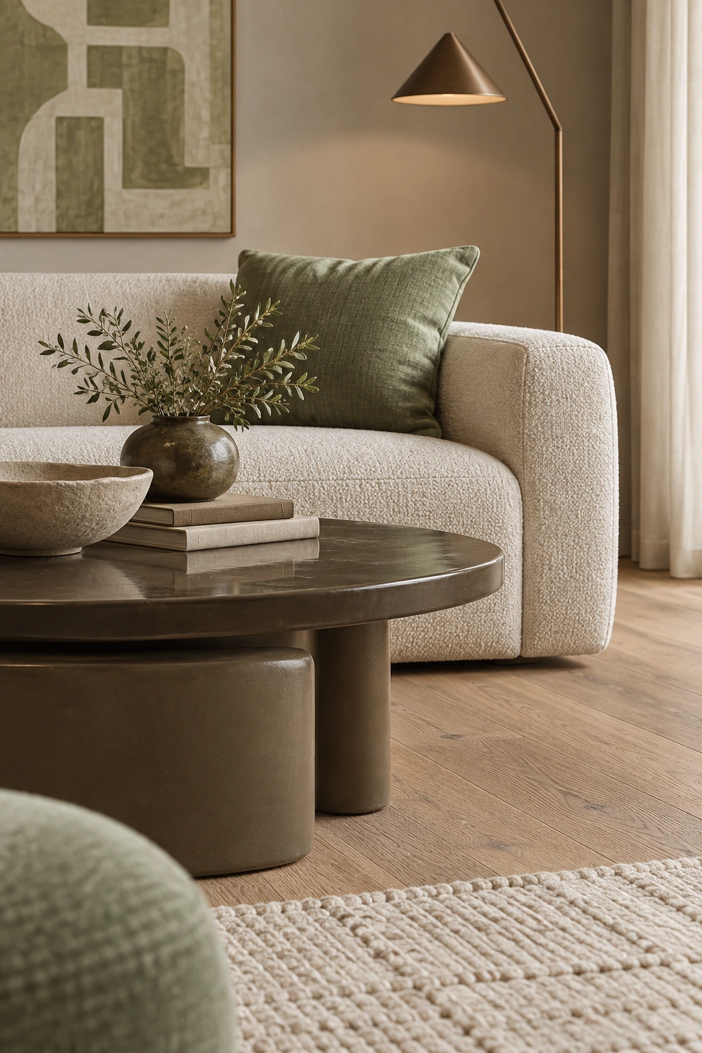 Sauge — close view of a cream sofa, dark coffee table, sage cushion and woven rug