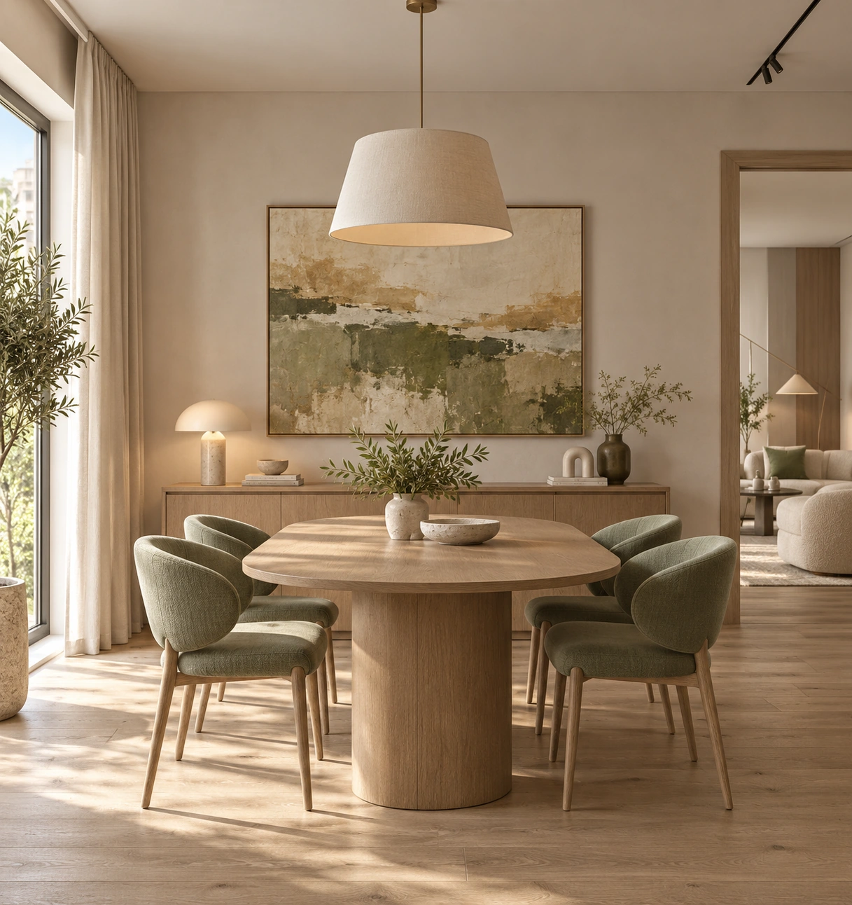 Dining table with sage green chairs beside a window, with a pendant lamp above and a painting behind