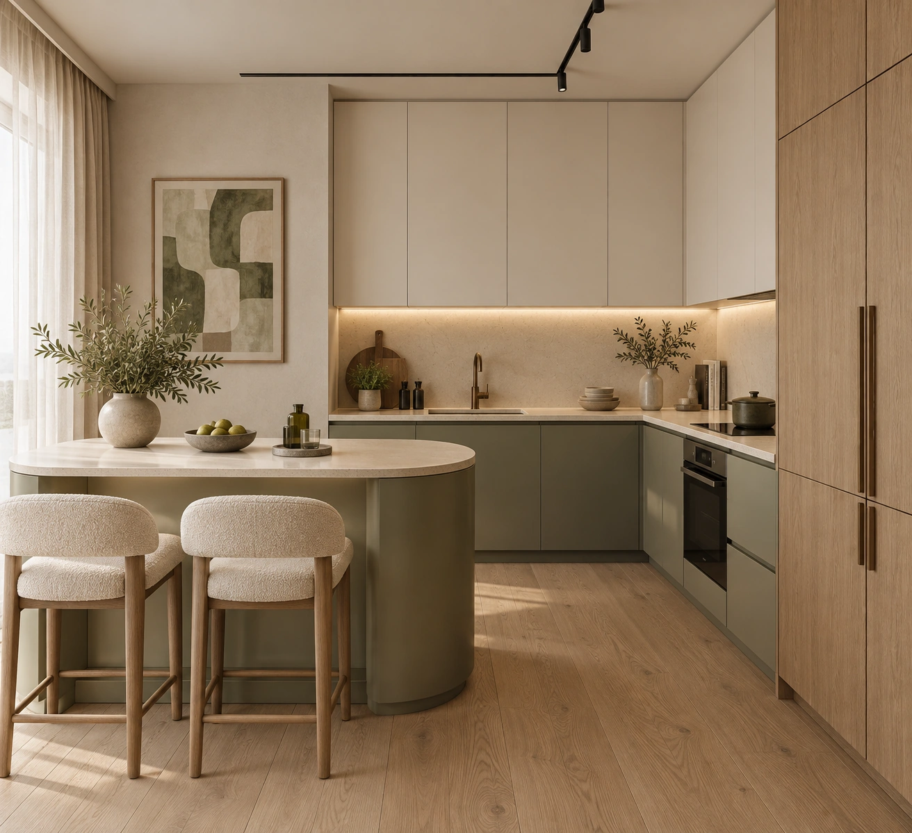 Sauge — kitchen in sage and oak with a curved island and cream bar stools