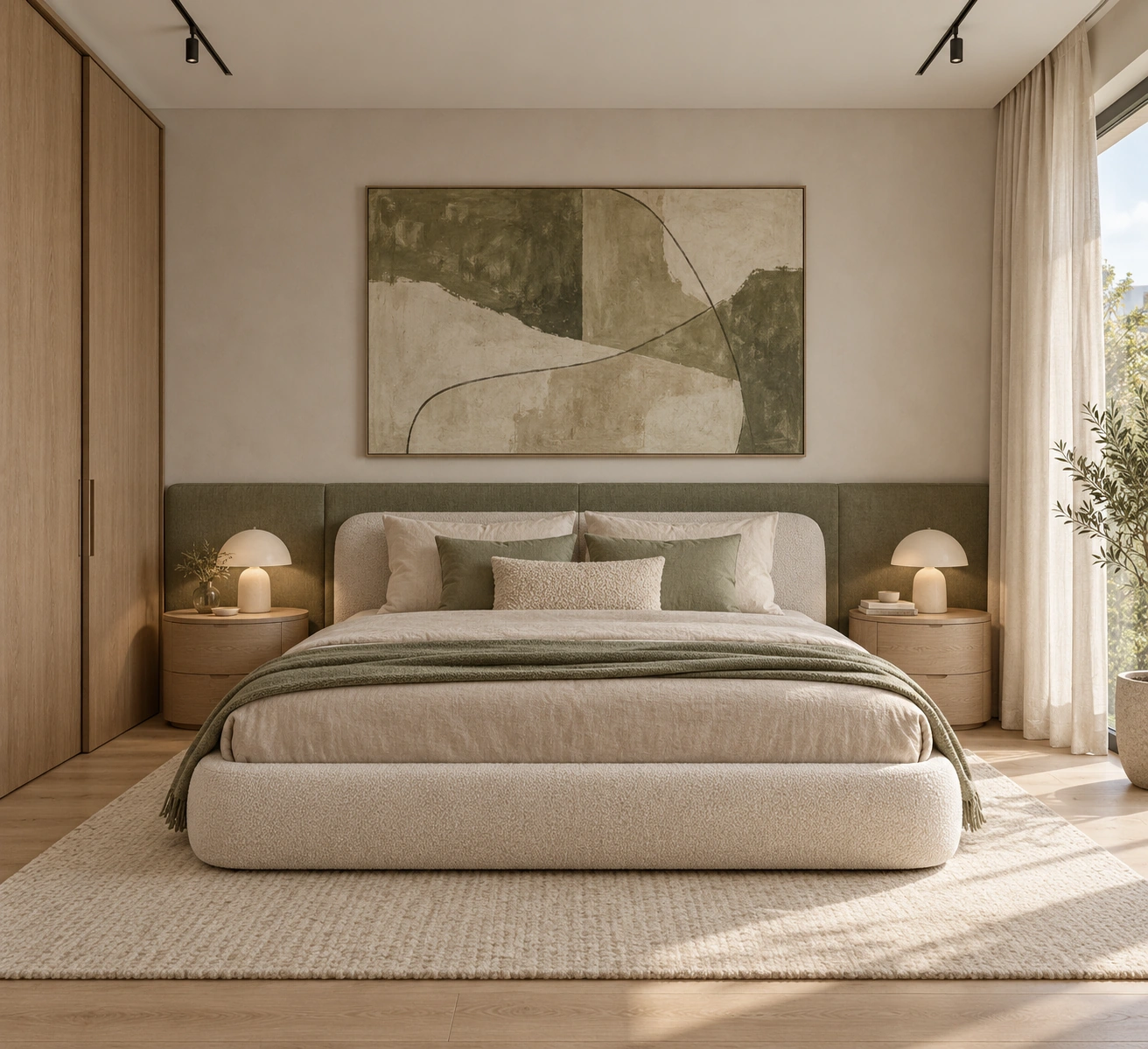 Sauge — bedroom with a cream bed, a sage headboard panel and abstract artwork