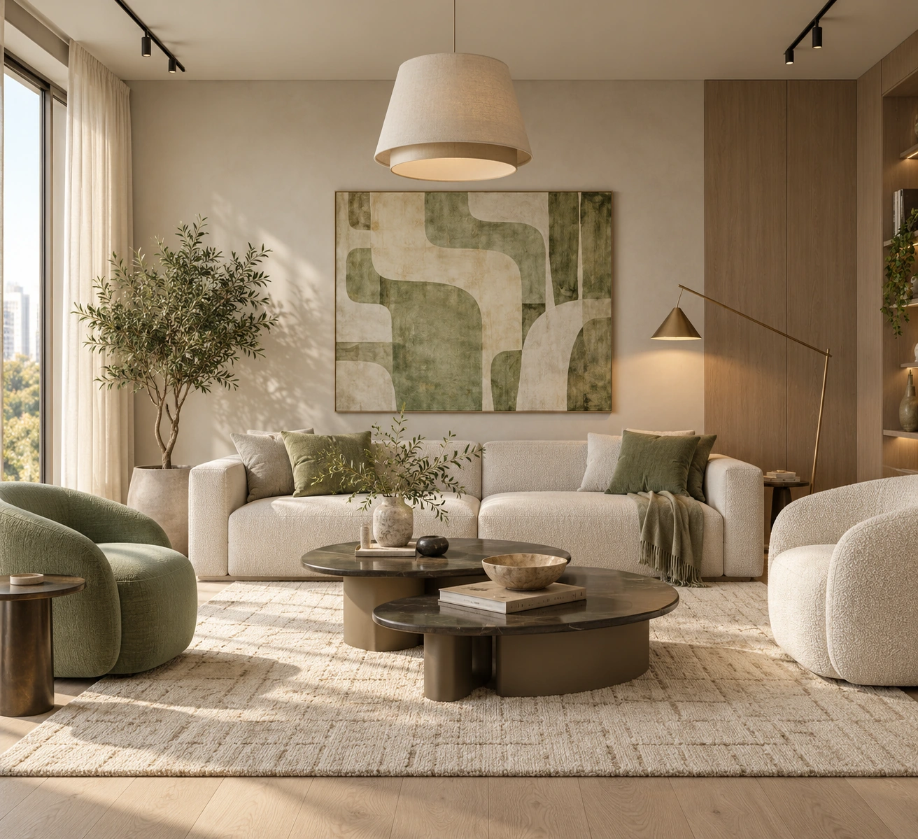 Living room with a pendant lamp, sage abstract painting and low coffee tables