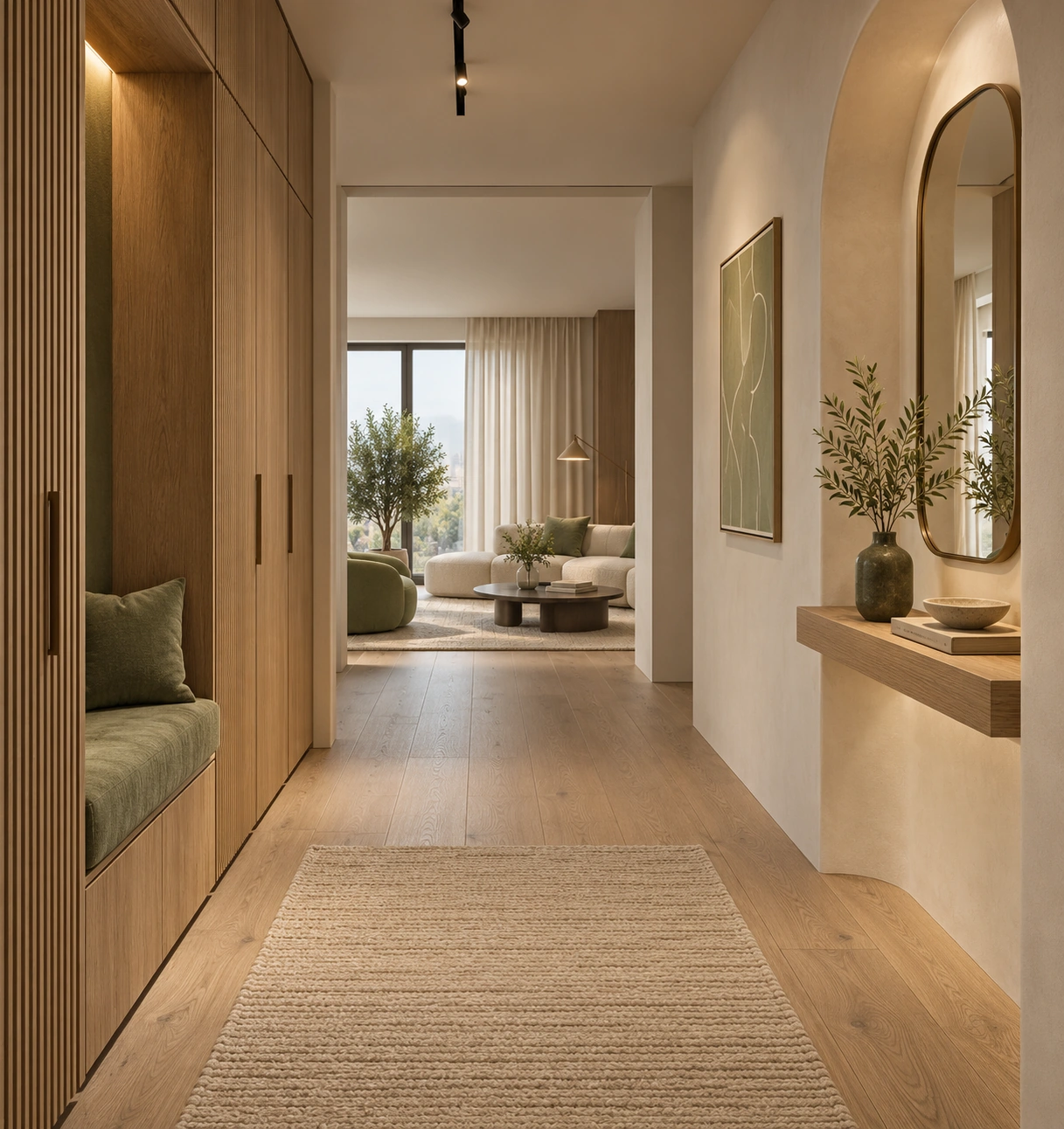 Sauge — oak-panelled hallway with a window seat, arched mirror and woven runner