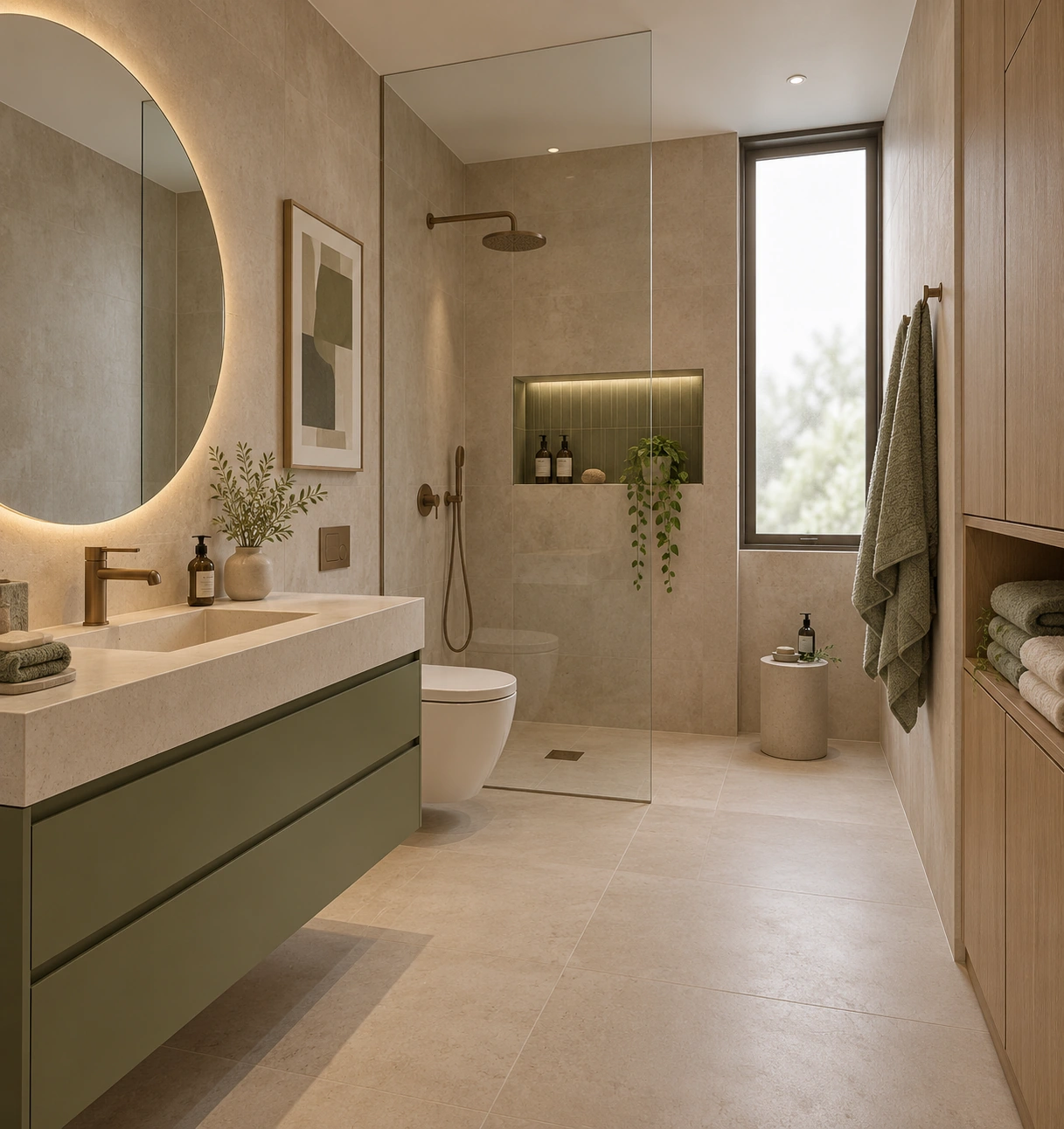 Sauge — bathroom with a round backlit mirror, sage-green vanity and glass shower