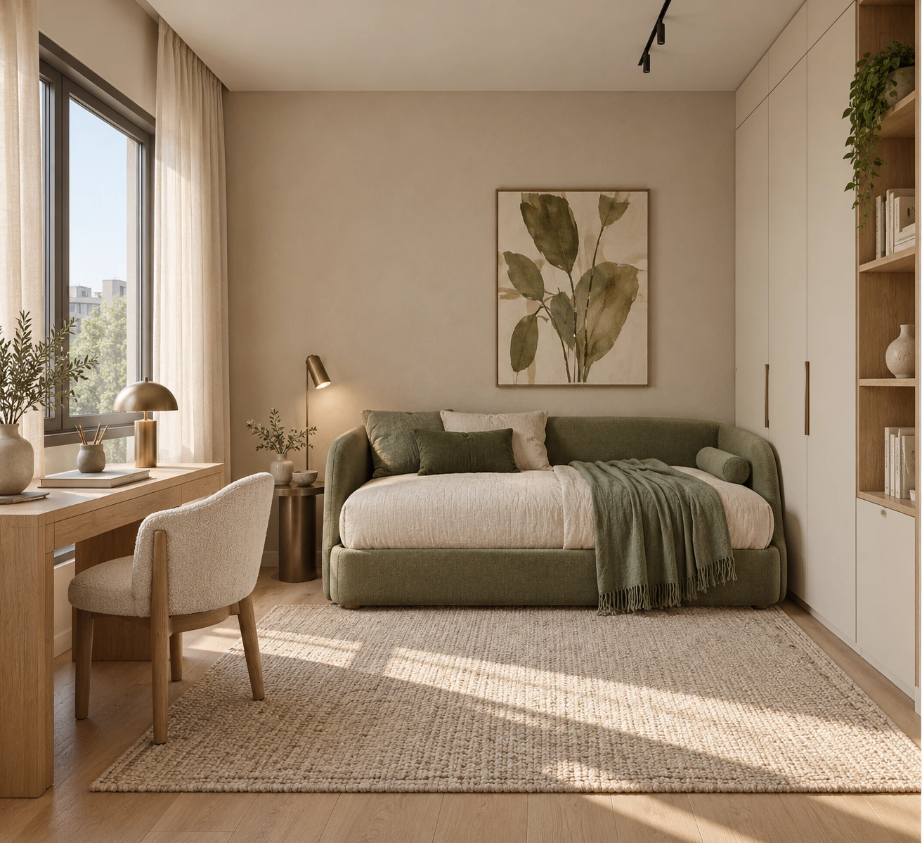 Sauge — bedroom with a sage daybed, oak desk and botanical artwork